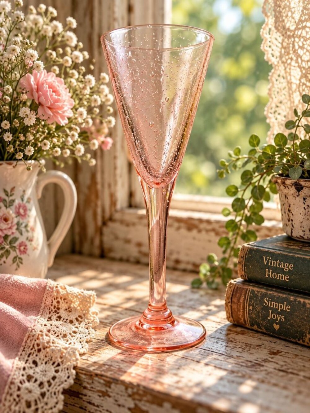 Vintage Hand Blown Pink Seeded Glass Champagne Flute Biot Style, 9” Tall MCM Bub